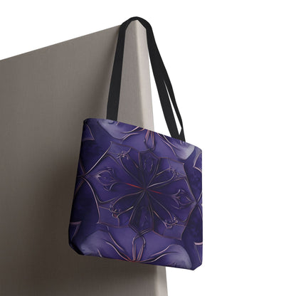 Violet Nebula canvas tote bag hanging with dramatic violet nebula flower design