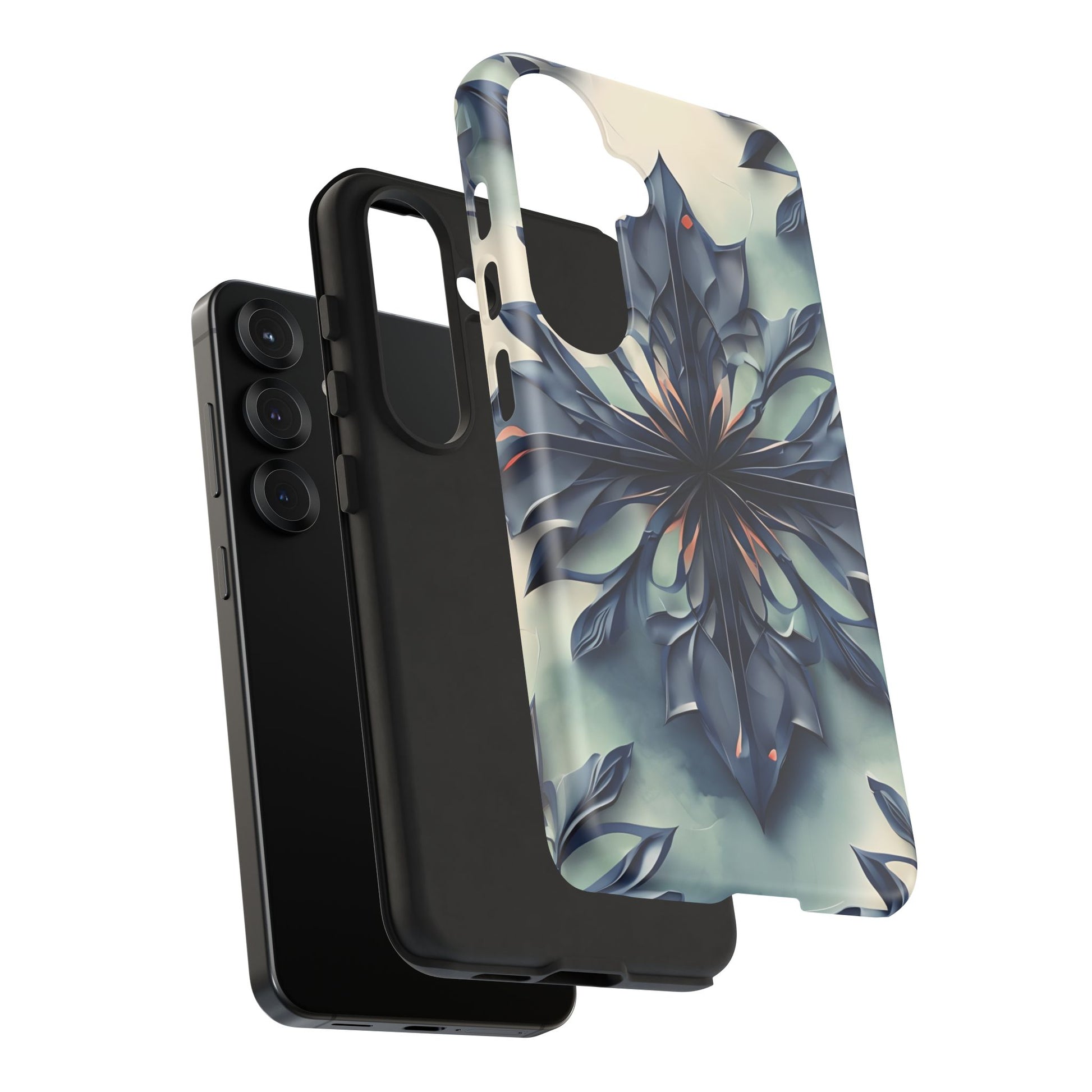 Frosted Indigo Bloom - Artistic Kaleidoscope Collection Artistic Floral - Samsung Galaxy S25 Tough Phone Case - Blue Symmetrical Design