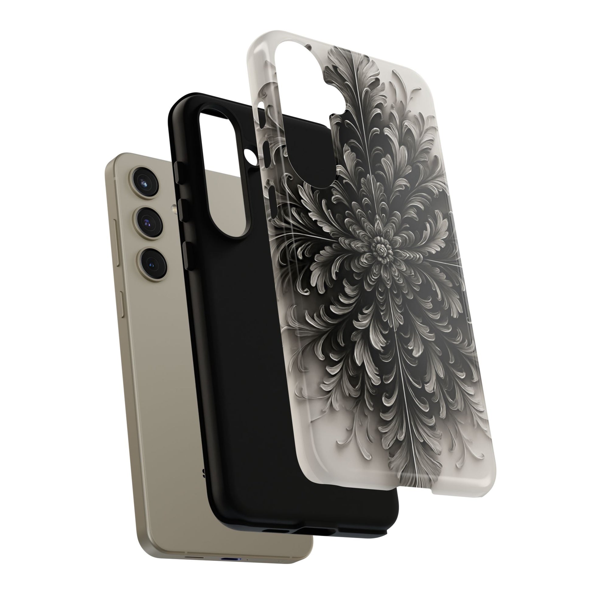 Obsidian Bloom - Elegant Black & White Samsung Galaxy S24 Plus Tough Phone Case - Intricate Mandala Flower Design