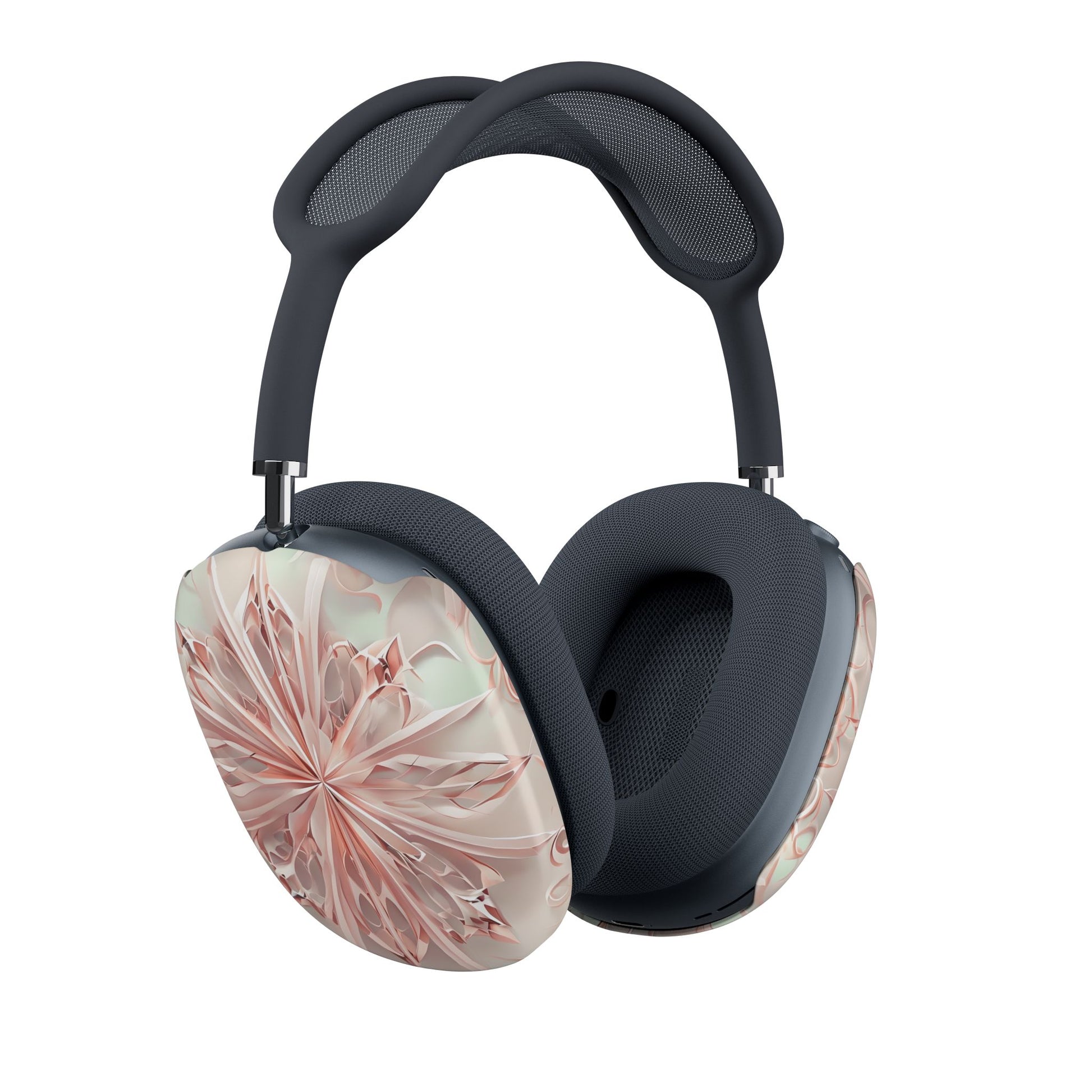 Blush Frost AirPods Max cover set on Apple headphones, elegant blush pink frosted flower design for Apple AirPods Max, angled side view
