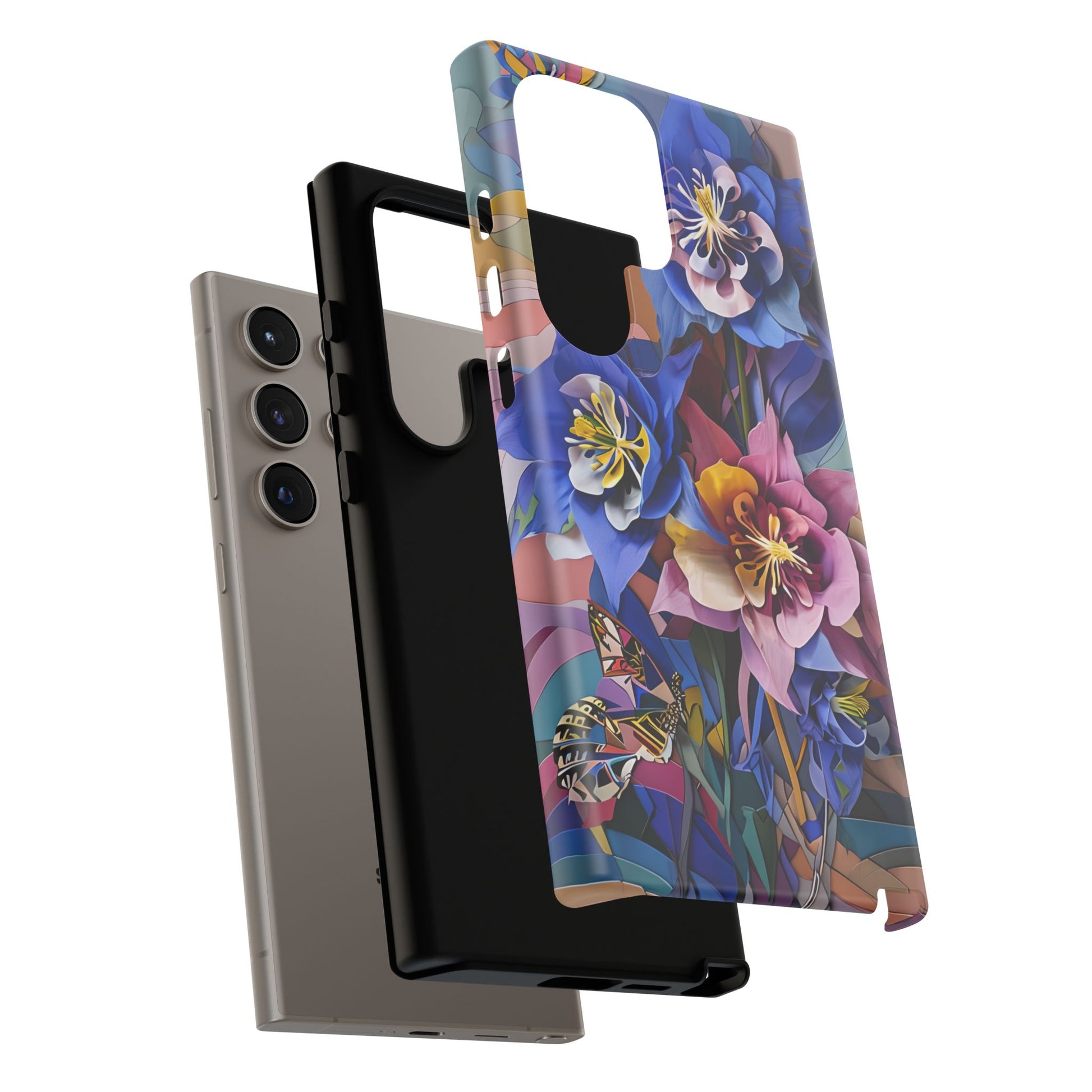 Blue Columbine Carnivale - Artistic Floral & Butterfly Samsung S24 Ultra Tough Phone Case - Vibrant Botanical Design