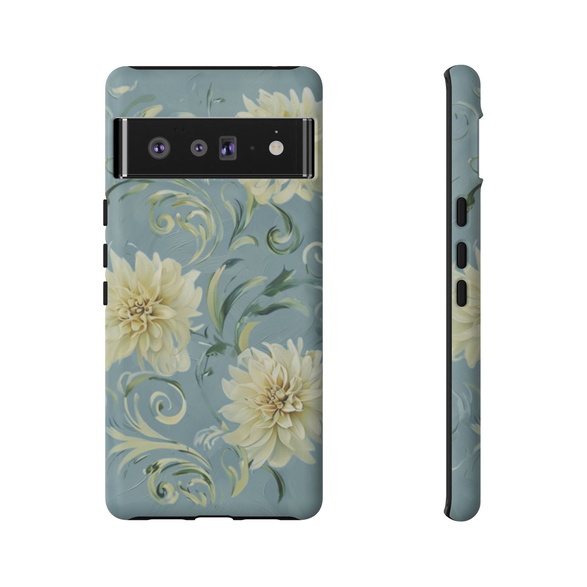 Golden Dahlia Trio - Elegant Floral Google Pixel 6 Pro Tough Phone Case - Artistic White & Blue Dahlia Design