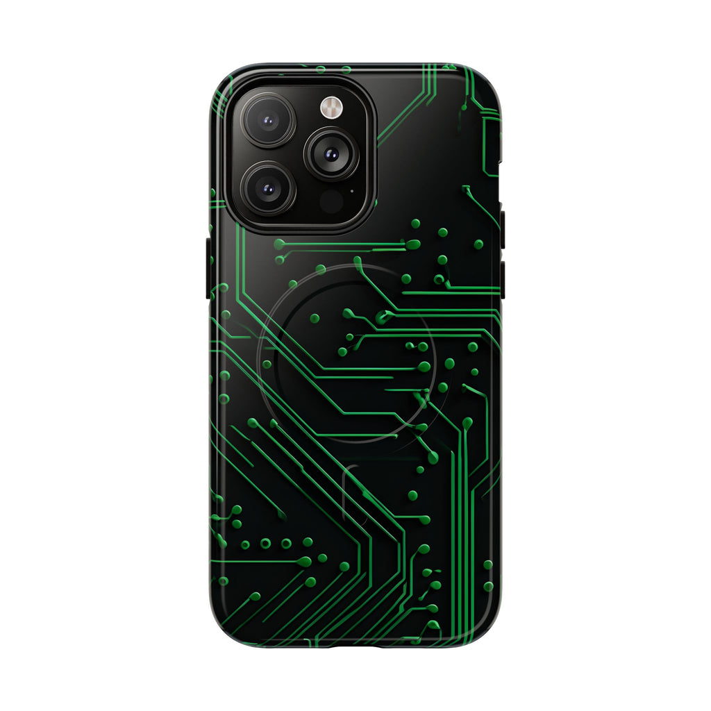 Green Circuit Grid iPhone 14 Pro Max MagSafe Compatible case- Tech-Inspired Shockproof Cover