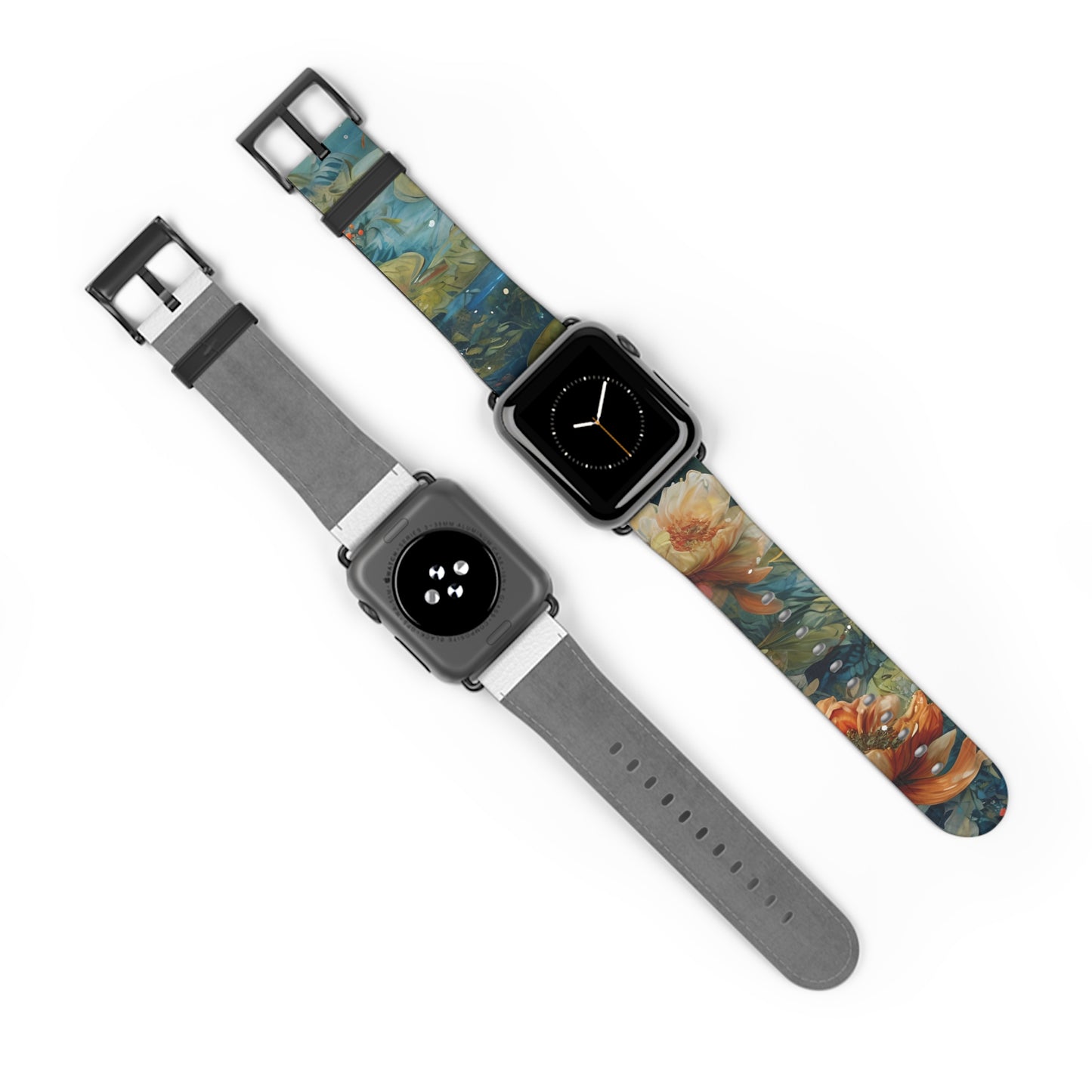 Waterlily Nocturne Apple Watch bands shown on two watches front and back highlighting colorful water lily pond artwork