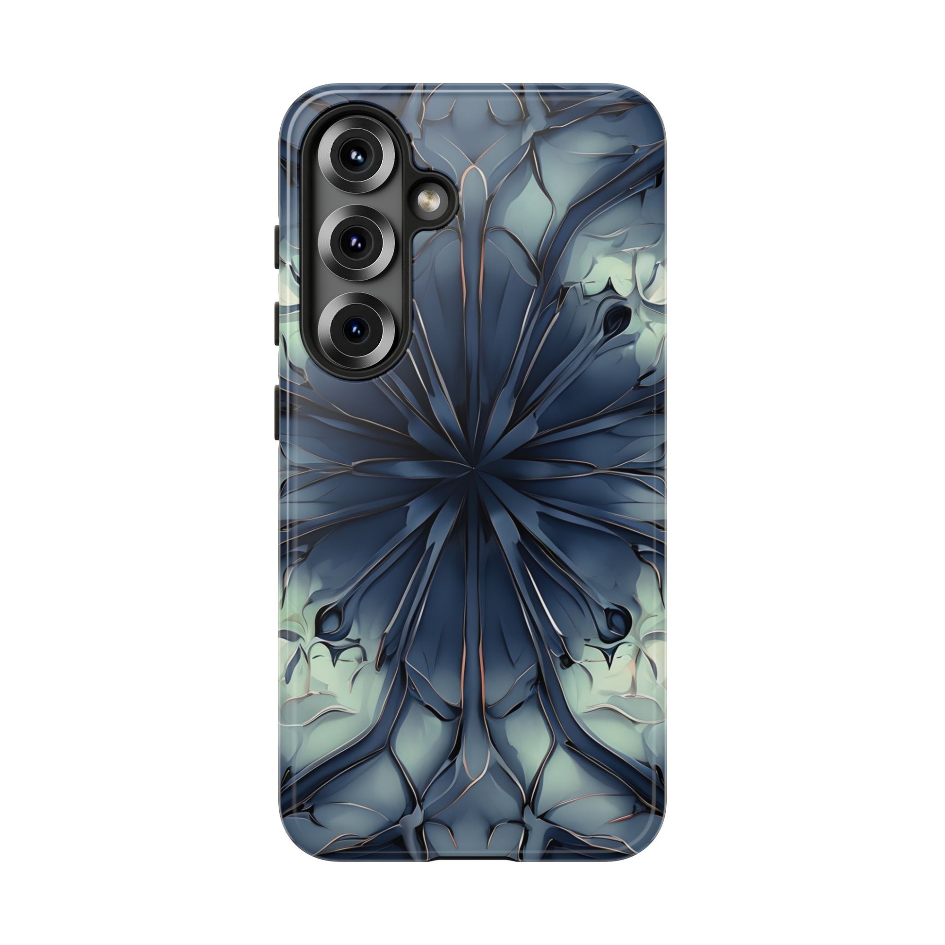 Indigo Mosaic - Artistic Kaleidoscope Collection Artistic Floral - Samsung Galaxy S25 Tough Phone Case - Bold Blue Symmetrical Design