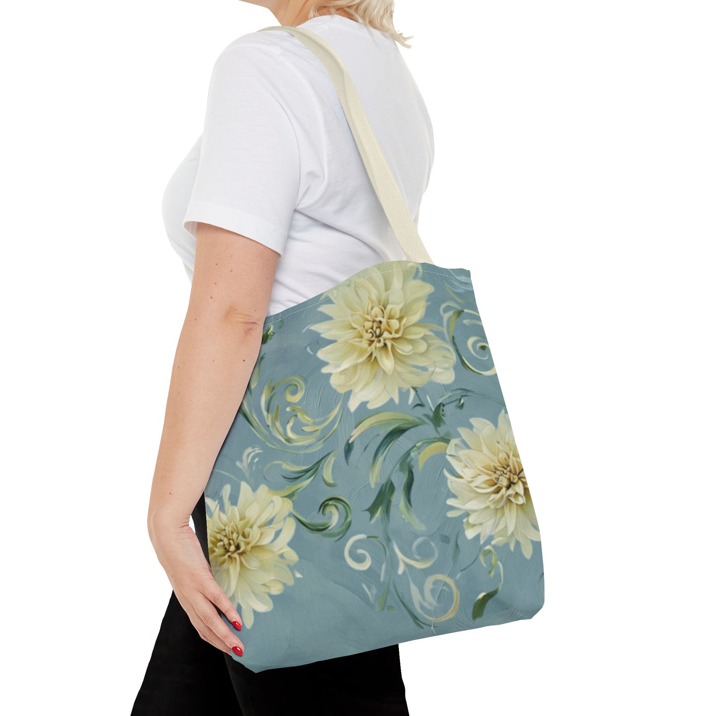 Golden Dahlia Trio canvas tote bag worn over shoulder displaying dahlia floral artwork