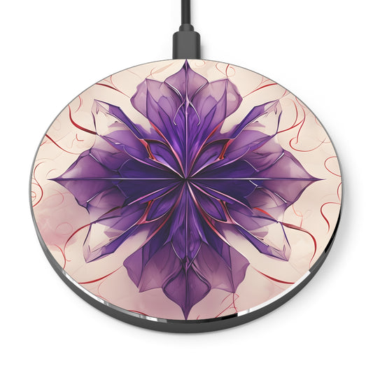 Violet Reverie purple floral mandala art Qi wireless charger with symmetrical violet flower design