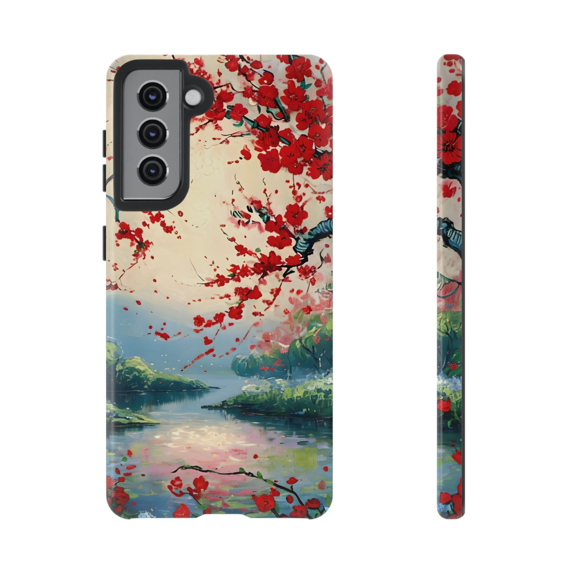 Crimson Blossom Lake - Artistic Floral Landscape Samsung Galaxy S21 Tough Phone Case - Red Cherry Blossoms & Serene Lake Design