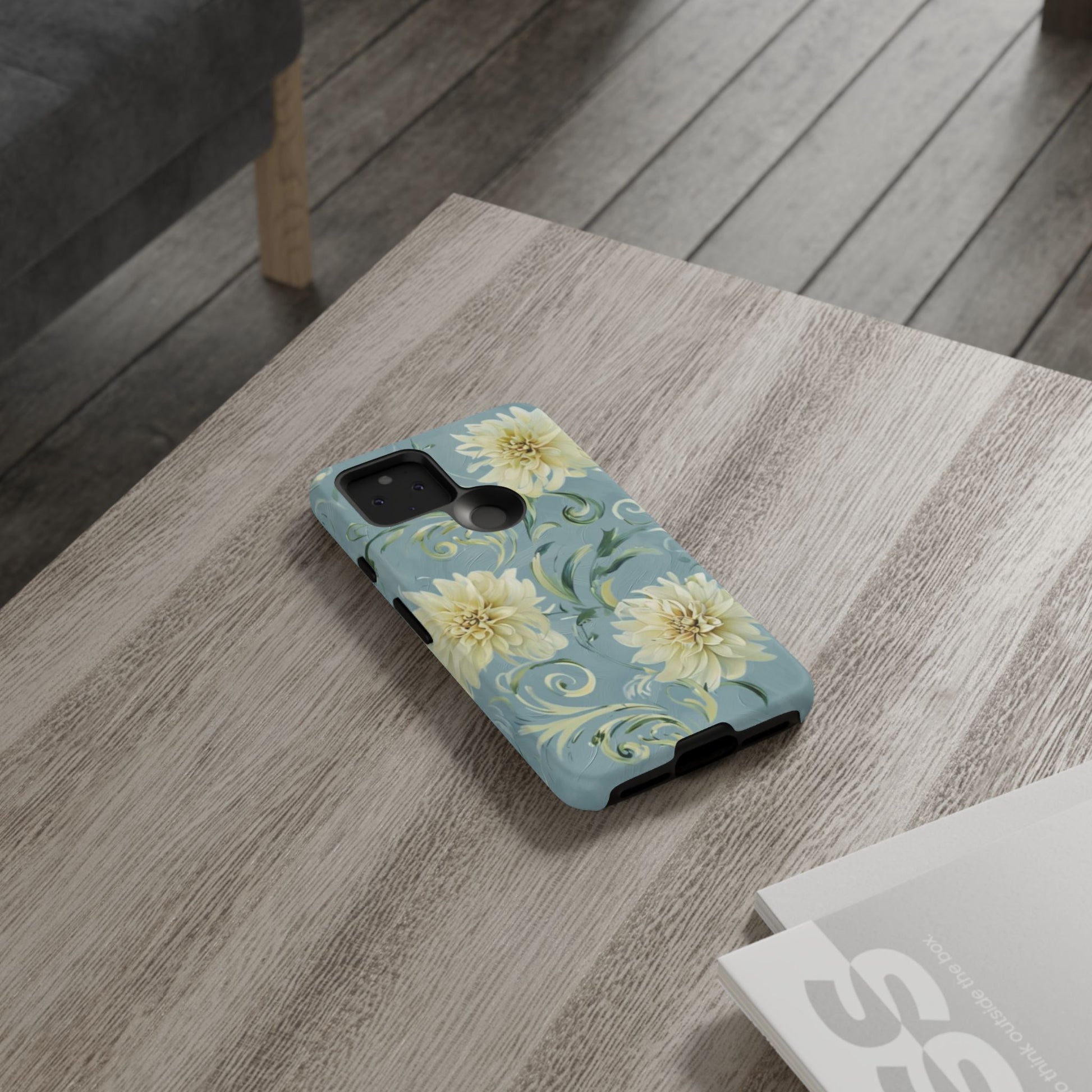 Golden Dahlia Trio - Elegant Floral Google Pixel 5 5G Tough Phone Case - Artistic White & Blue Dahlia Design