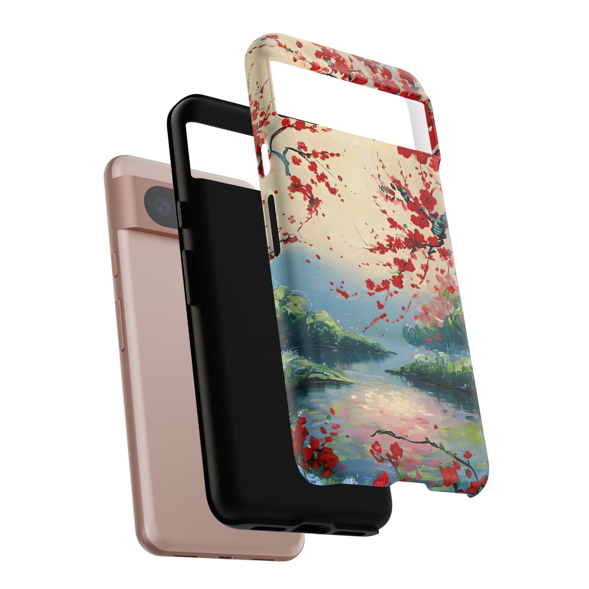 Crimson Blossom Lake - Artistic Floral Landscape Google Pixel 8 Tough Phone Case - Red Cherry Blossoms & Serene Lake Design