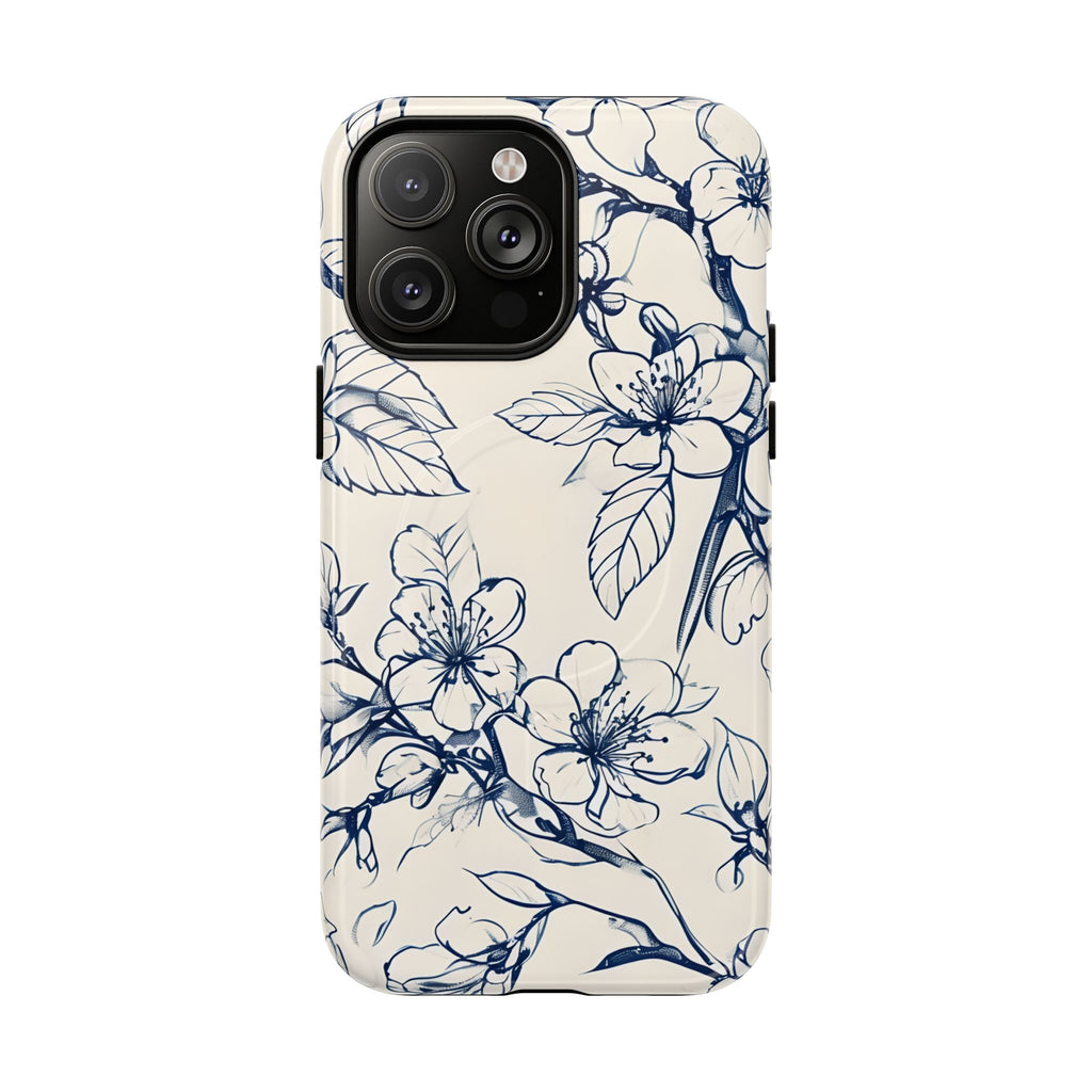 Blossom Sketch - Artistic Blue Floral - iPhone 14 Pro Max MagSafe Phone Case - Hand-Drawn Botanical Design