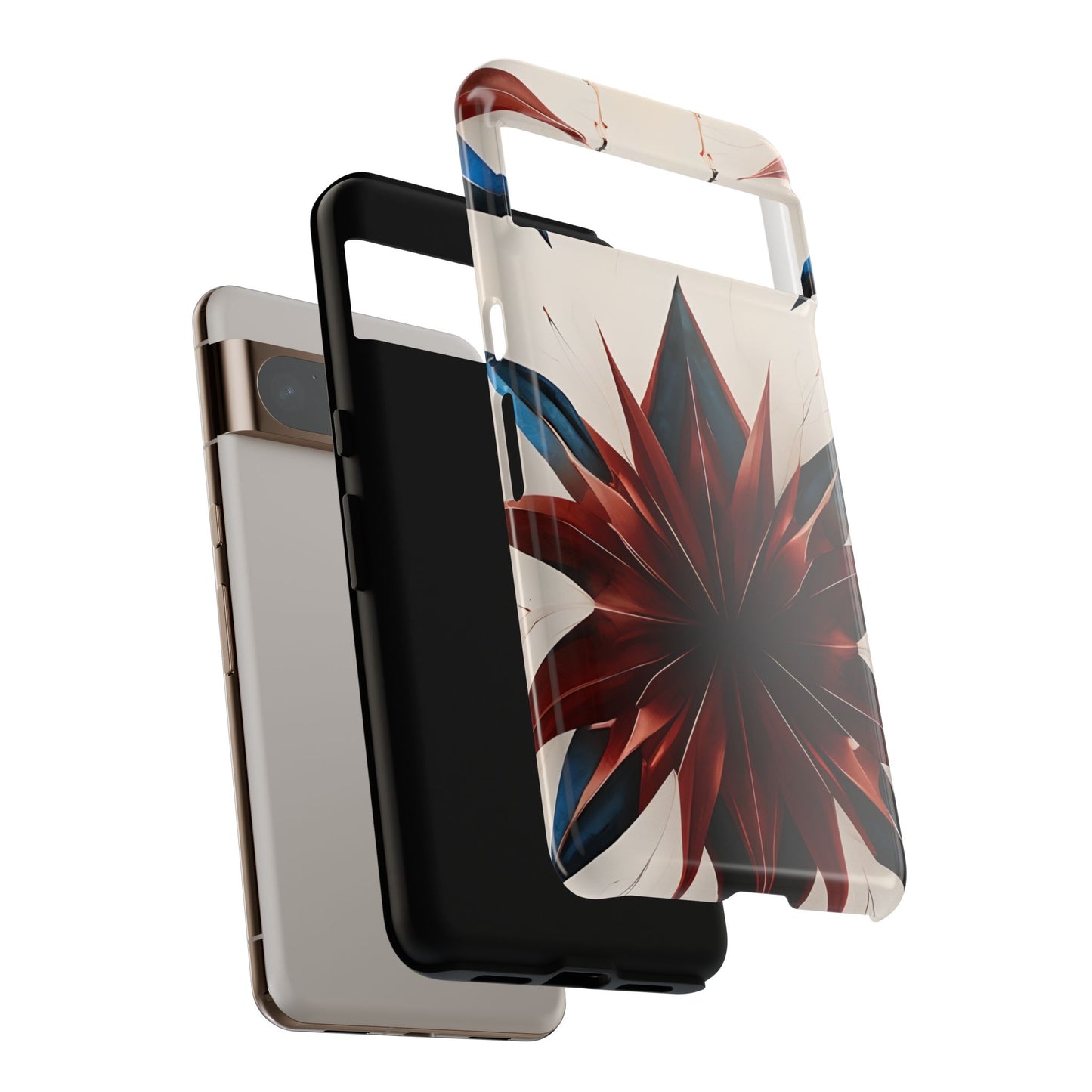 Garnet Starburst shockproof dual layer Google Pixel phone case with red, white and blue geometric starburst design