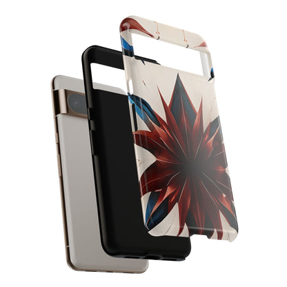 Garnet Starburst shockproof dual layer Google Pixel phone case with red, white and blue geometric starburst design