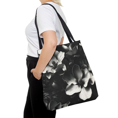 Monochrome Magnolia Tote Bag (16x16 & 18x18)- Elegant Black & White Floral Print, Reusable & Eco-Friendly
