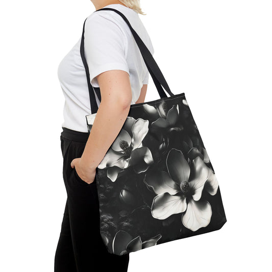 Monochrome Magnolia Tote Bag (16x16 & 18x18)- Elegant Black & White Floral Print, Reusable & Eco-Friendly