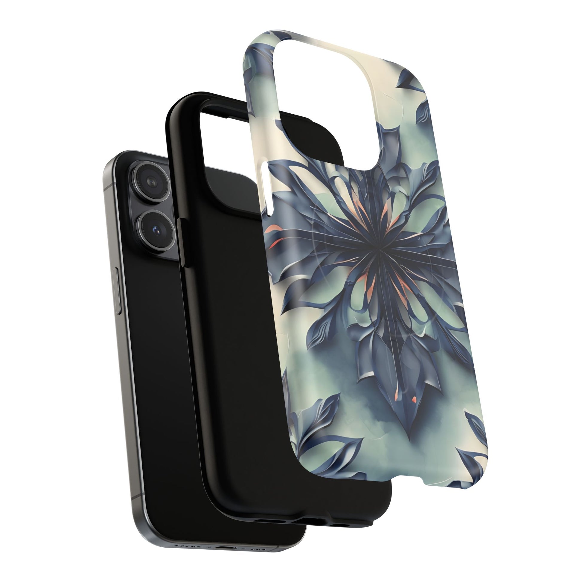 Frosted Indigo Bloom - Artistic Kaleidoscope Collection Artistic Floral - iPhone 15 Pro MagSafe Phone Case -Blue Symmetrical Design