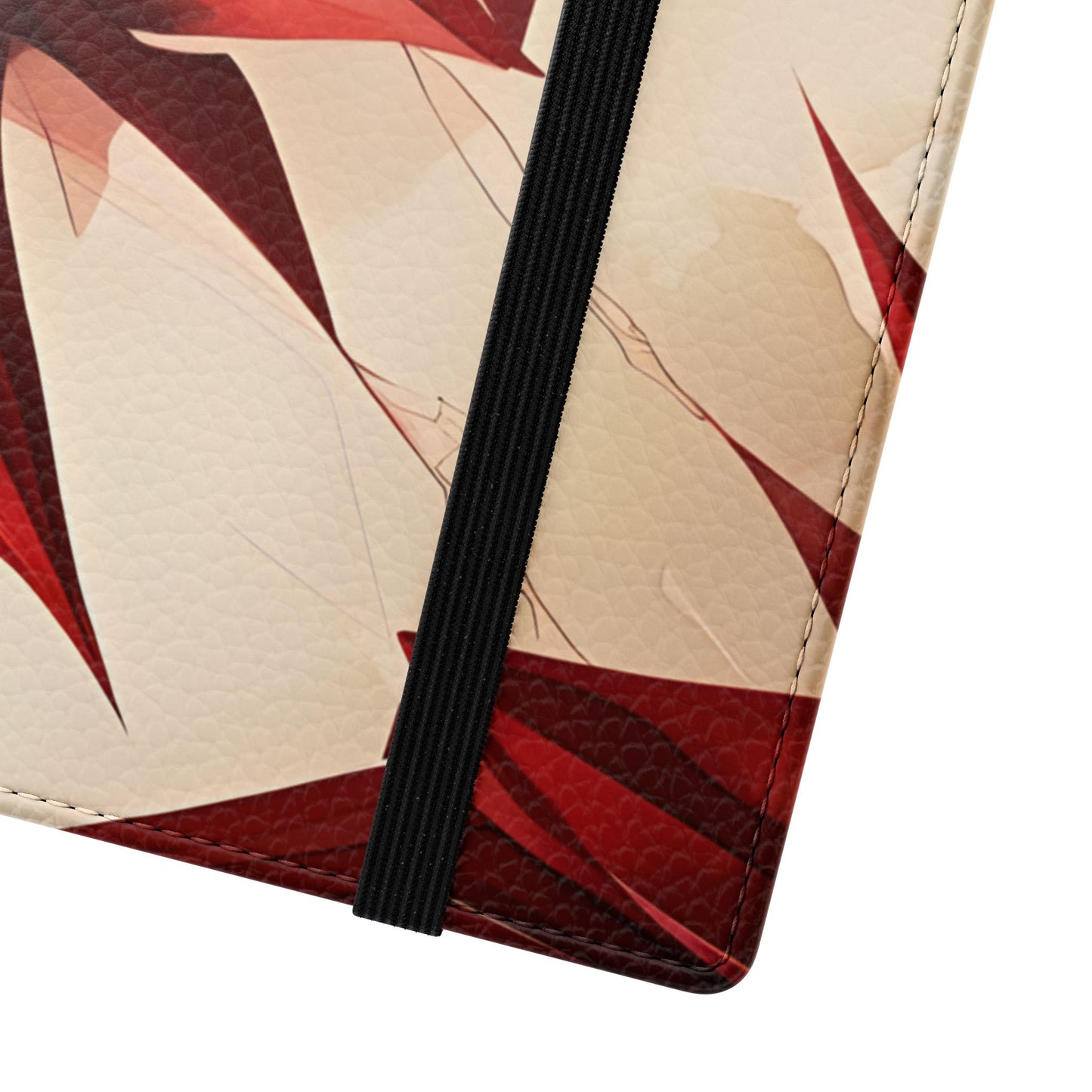 Close-up of Ruby Compass Samsung Galaxy wallet flip phone case with bold red geometric starburst pattern