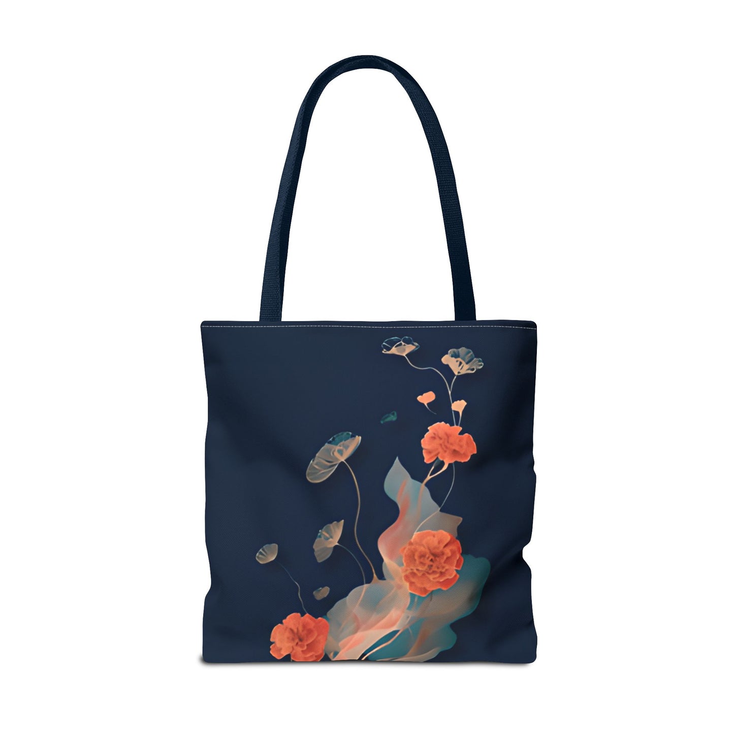 Lotus Reverie Tote Bag (16x16 & 18x18)- Deep Navy Canvas with Soft Coral Lotus and Leaf Motifs, Reusable & Eco-Friendly
