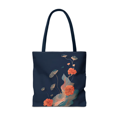 Lotus Reverie Tote Bag (16x16 & 18x18)- Deep Navy Canvas with Soft Coral Lotus and Leaf Motifs, Reusable & Eco-Friendly