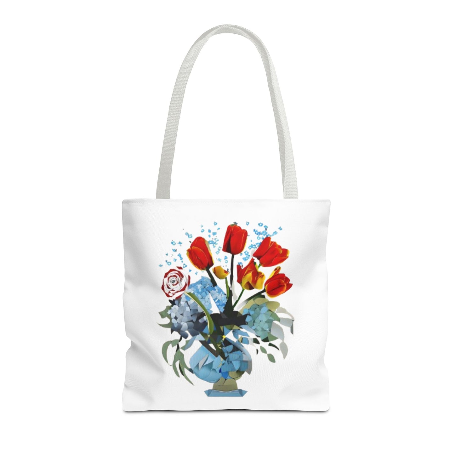Bouquet Brilliance Tote (16x16 & 18x18)- Vibrant Red Tulips and Blue Porcelain Vase on White Canvas, Reusable & Eco-Friendly