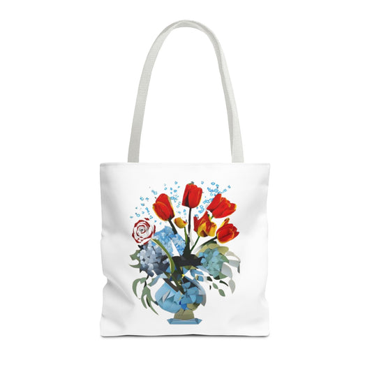 Bouquet Brilliance Tote (16x16 & 18x18)- Vibrant Red Tulips and Blue Porcelain Vase on White Canvas, Reusable & Eco-Friendly