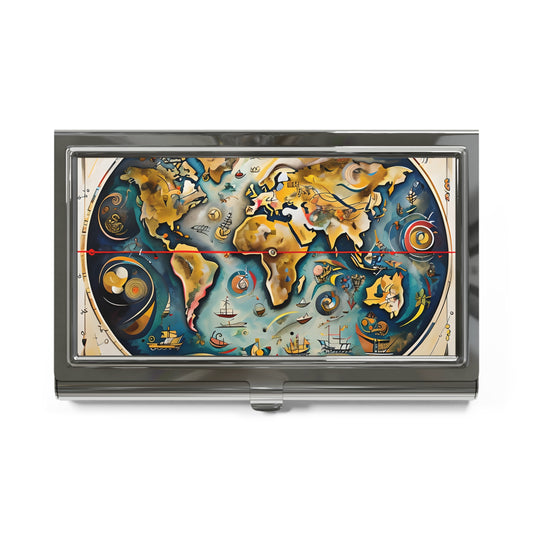 Celestial Map Business Card Holder - Vintage Star Chart & World Map Design for Stargazers & Explorers