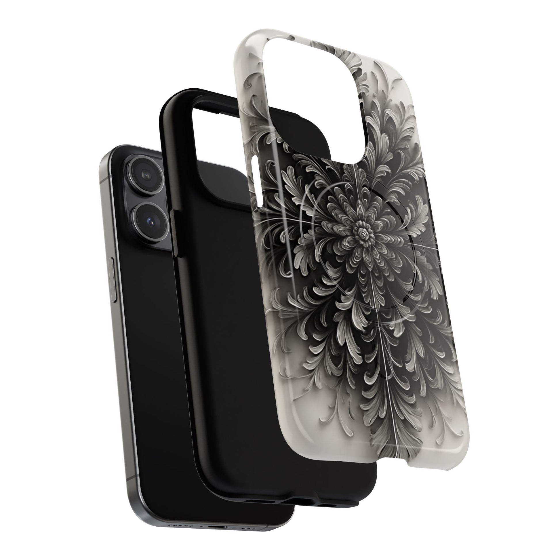 Obsidian Bloom - Elegant Black & White iPhone 15 Pro MagSafe Phone Case - Intricate Mandala Flower Design