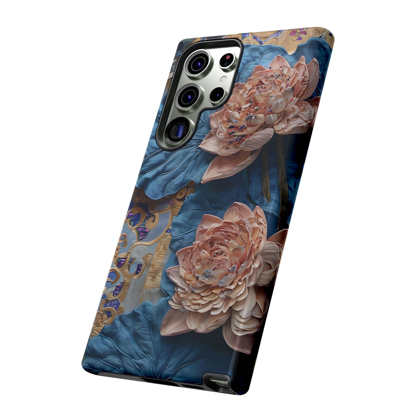Peony Midnight Tapestry Samsung Galaxy phone case angled view featuring elegant floral peony artwork and ornate pattern