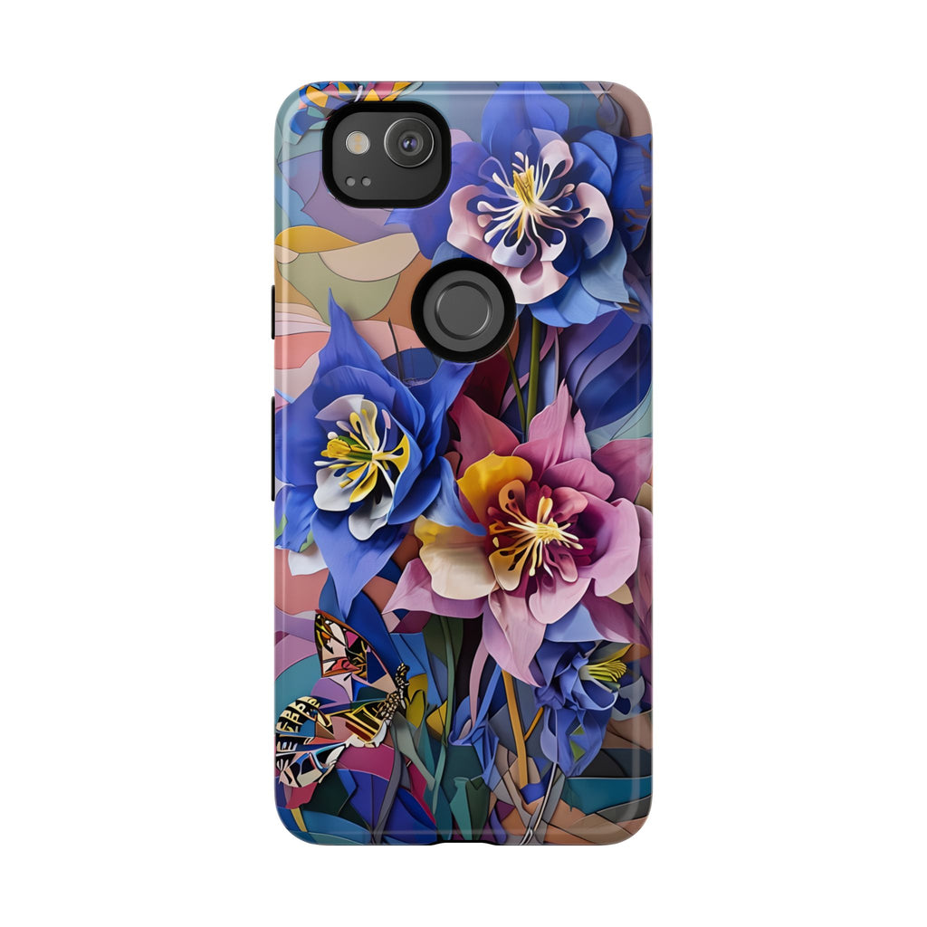 Blue Columbine Carnivale - Artistic Floral & Butterfly Google Pixel 2 Tough Phone Case - Vibrant Botanical Design
