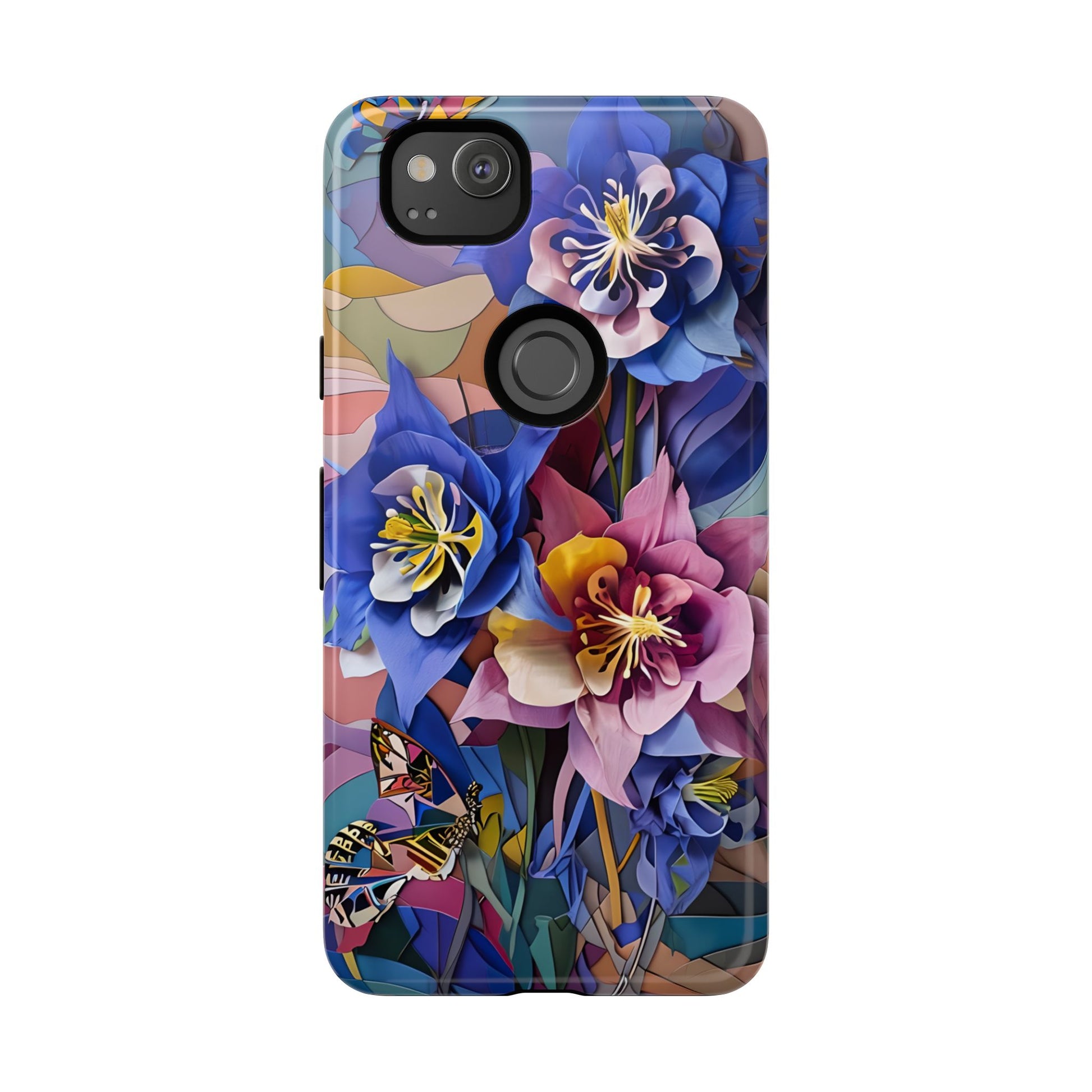 Blue Columbine Carnivale - Artistic Floral & Butterfly Google Pixel 2 Tough Phone Case - Vibrant Botanical Design