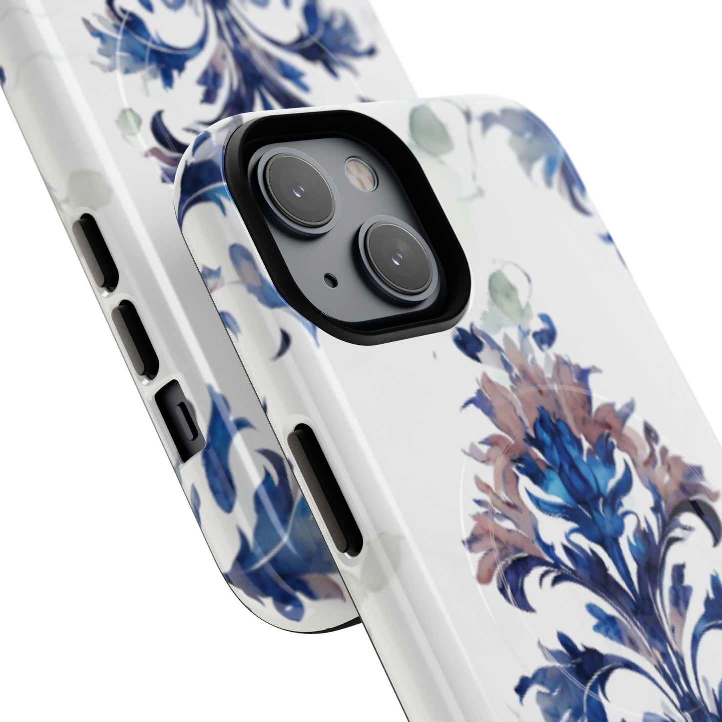Angled view of Delft Reverie blue and white ceramic floral iPhone MagSafe case