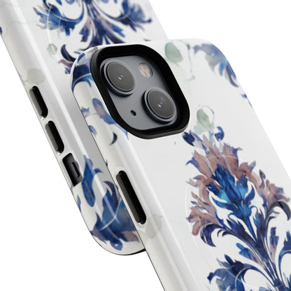 Angled view of Delft Reverie blue and white ceramic floral iPhone MagSafe case