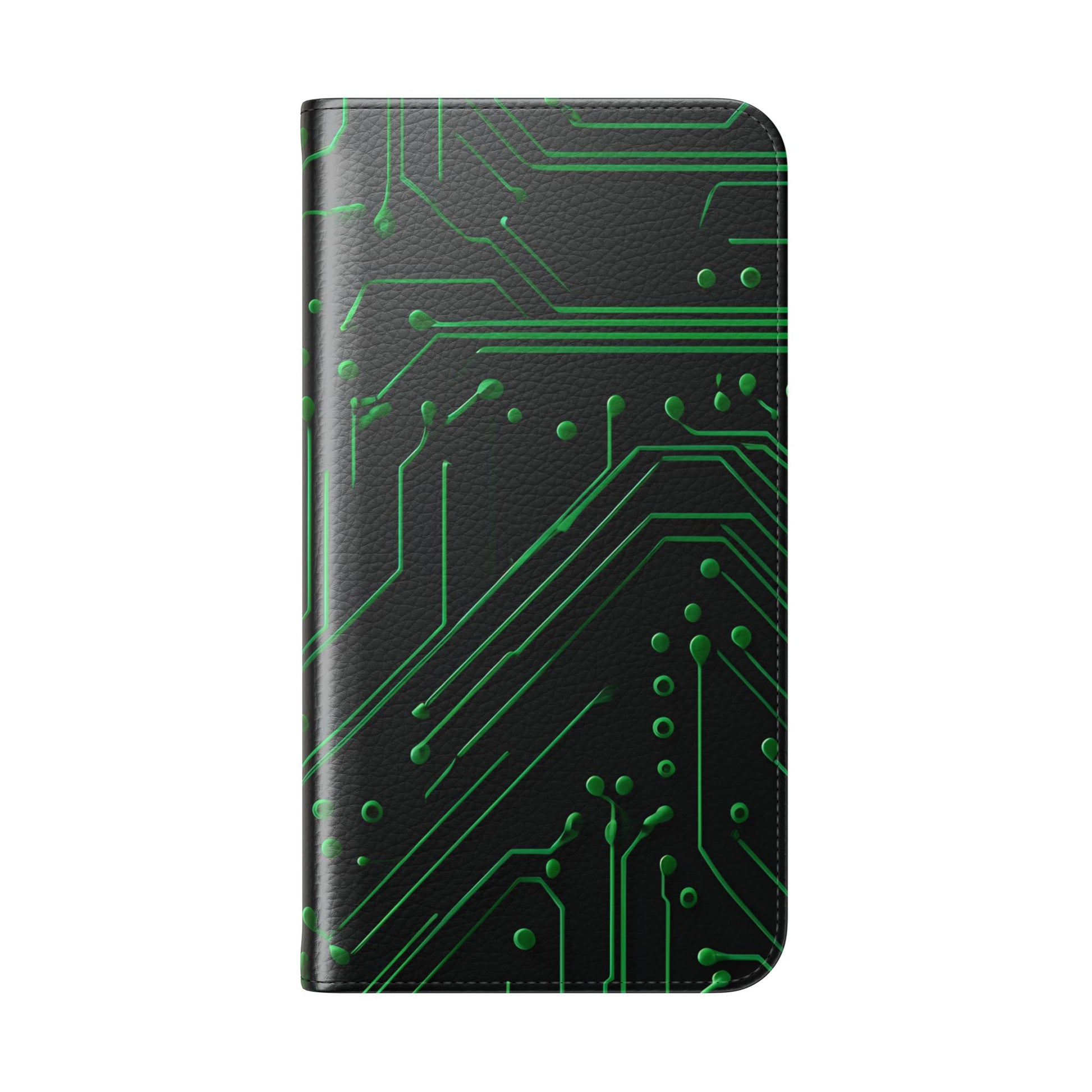 Green Circuit Grid Wallet Phone Case - Green & Black Computer Circuit Design - Flip Cover for iPhone 14