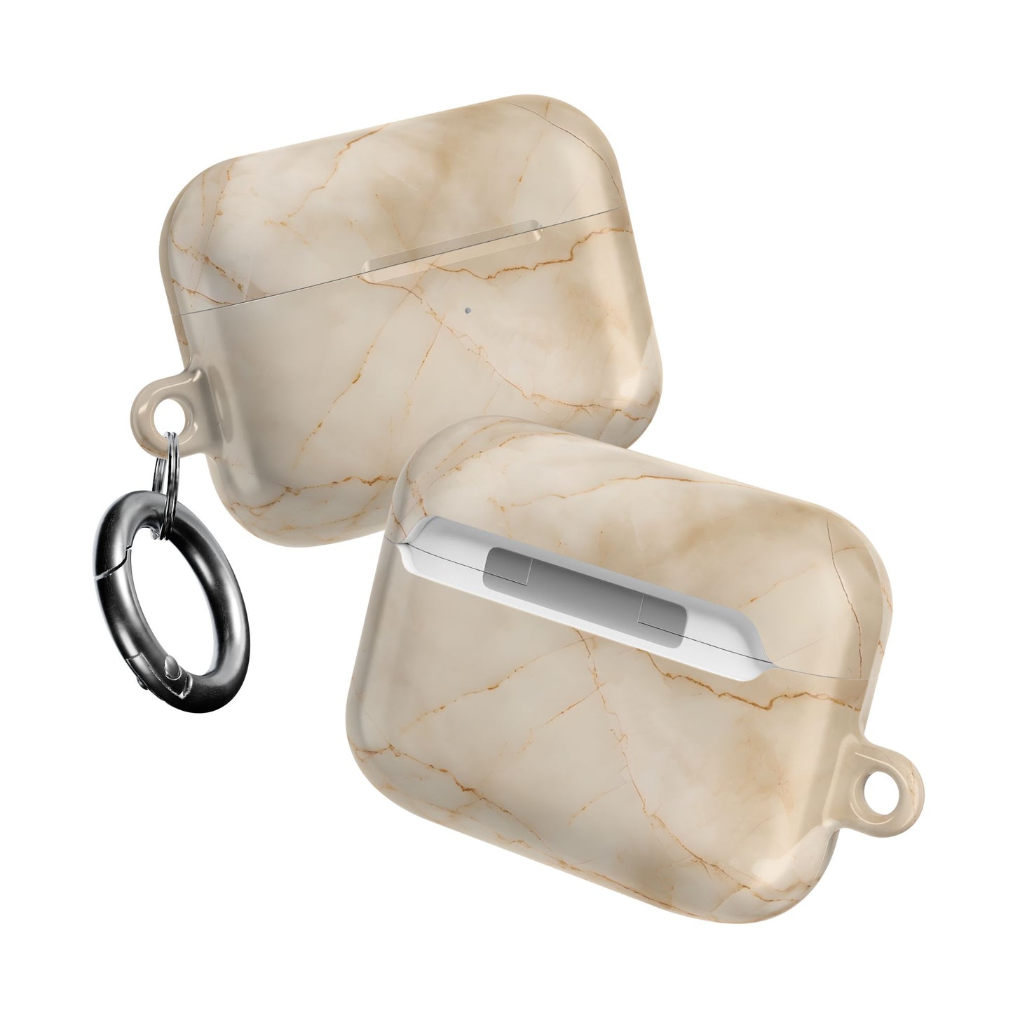 Two Parchment Mist AirPods cases angled view showing beige marble artwork on both sides