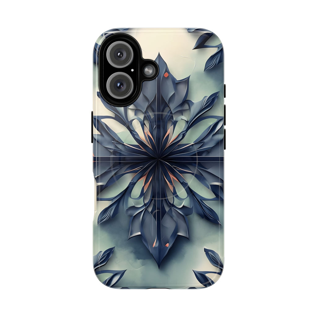 Frosted Indigo Bloom - Artistic Kaleidoscope Collection Artistic Floral - iPhone 16 MagSafe Phone Case -Blue Symmetrical Design