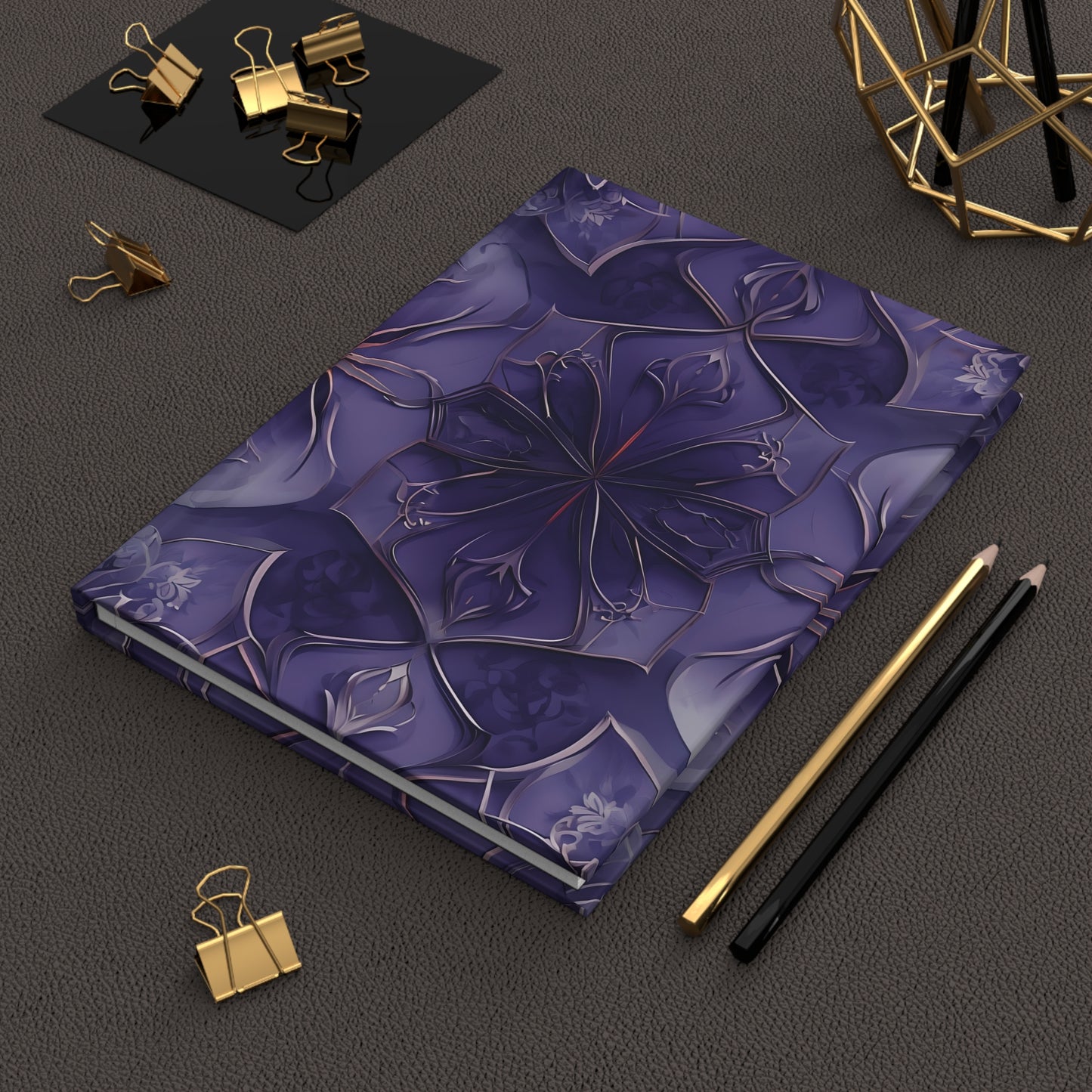 Violet Nebula hardcover journal on desk with pencils and stationery