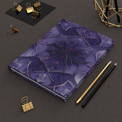 Violet Nebula hardcover journal on desk with pencils and stationery