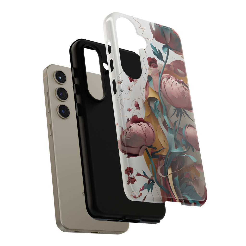 Blushing Peony Veil - Elegant Painterly Floral Samsung Galaxy S24 Tough Phone Case - Soft Blush & Teal Peony Design