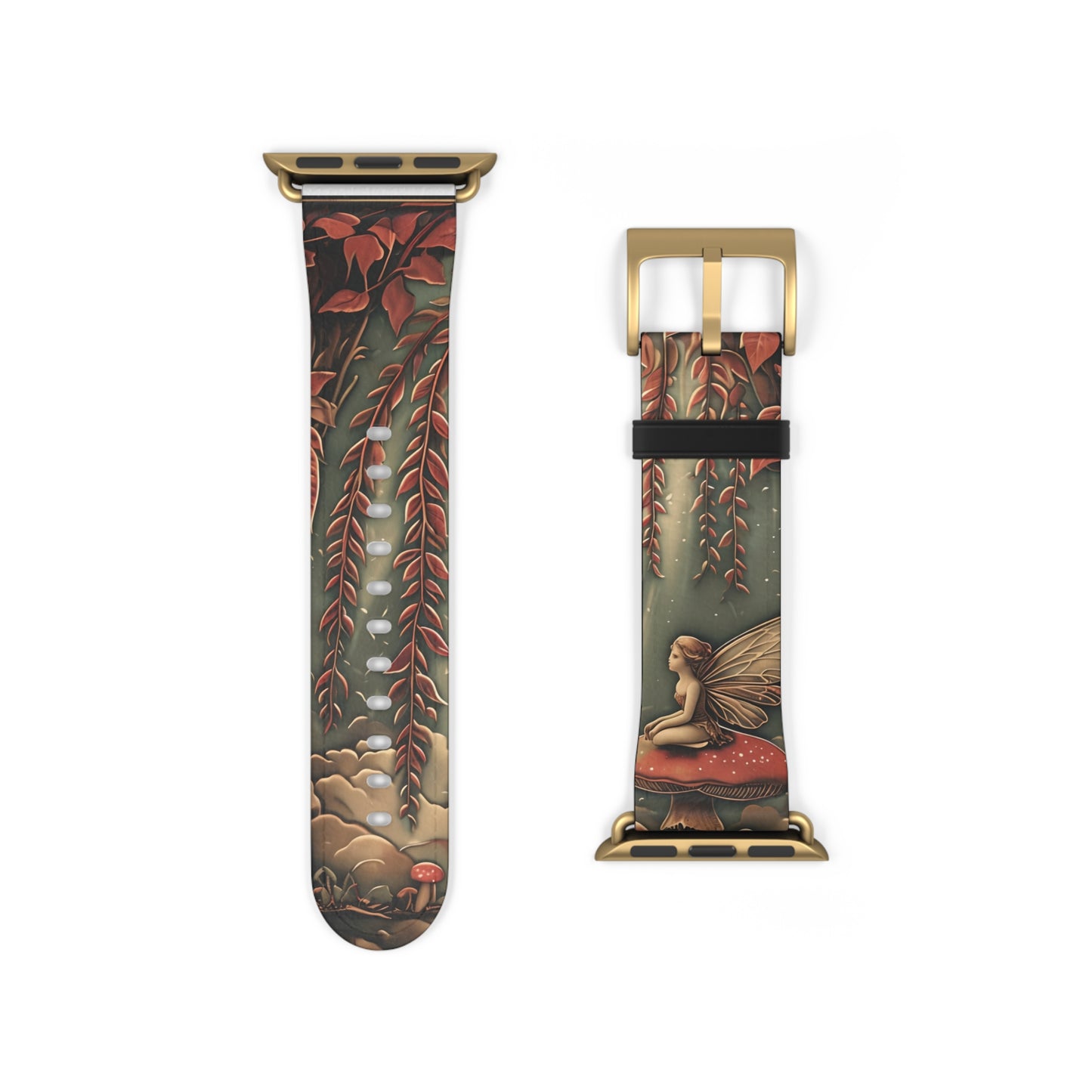 Willow Whisper Apple Watch band strap with gold clasp featuring whimsical fairy and mushroom illustration beneath a willow tree
