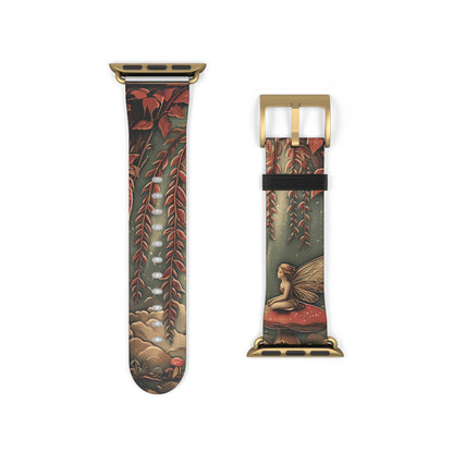 Willow Whisper Apple Watch band strap with gold clasp featuring whimsical fairy and mushroom illustration beneath a willow tree