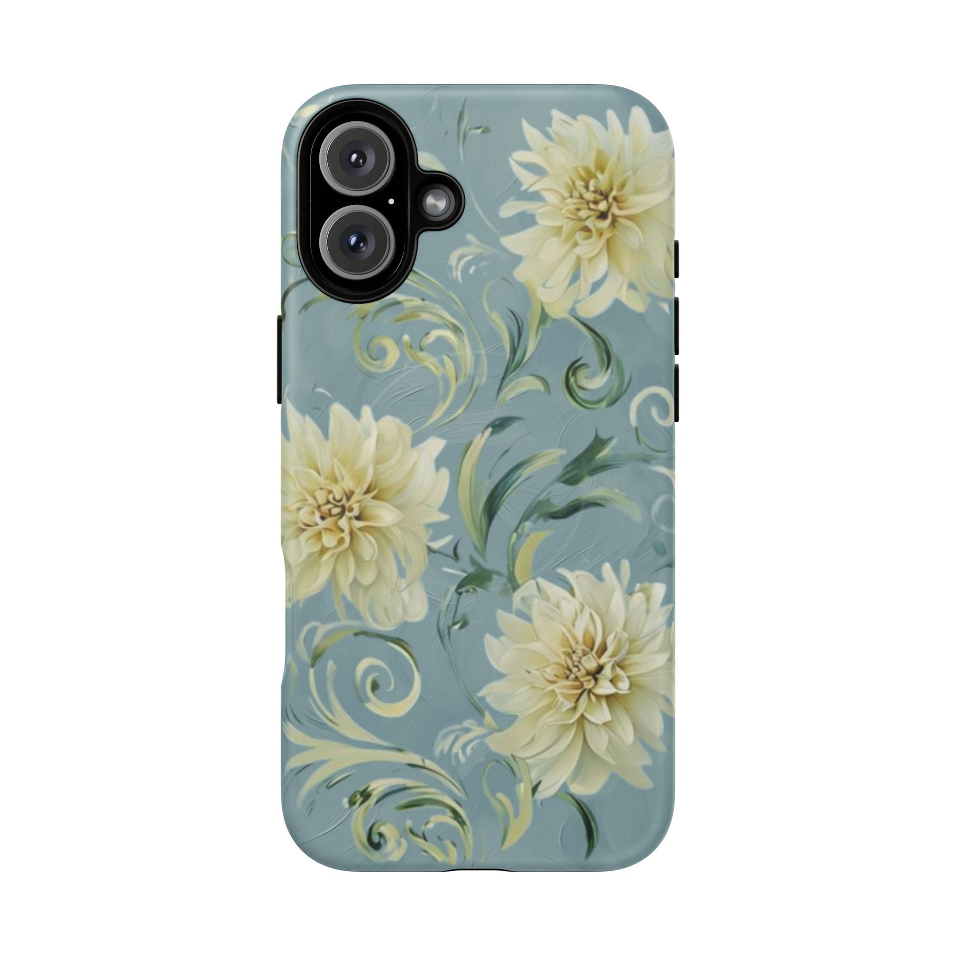 Golden Dahlia Trio - Elegant Floral iPhone 16 Plus MagSafe Phone Case - Artistic White & Blue Dahlia Design