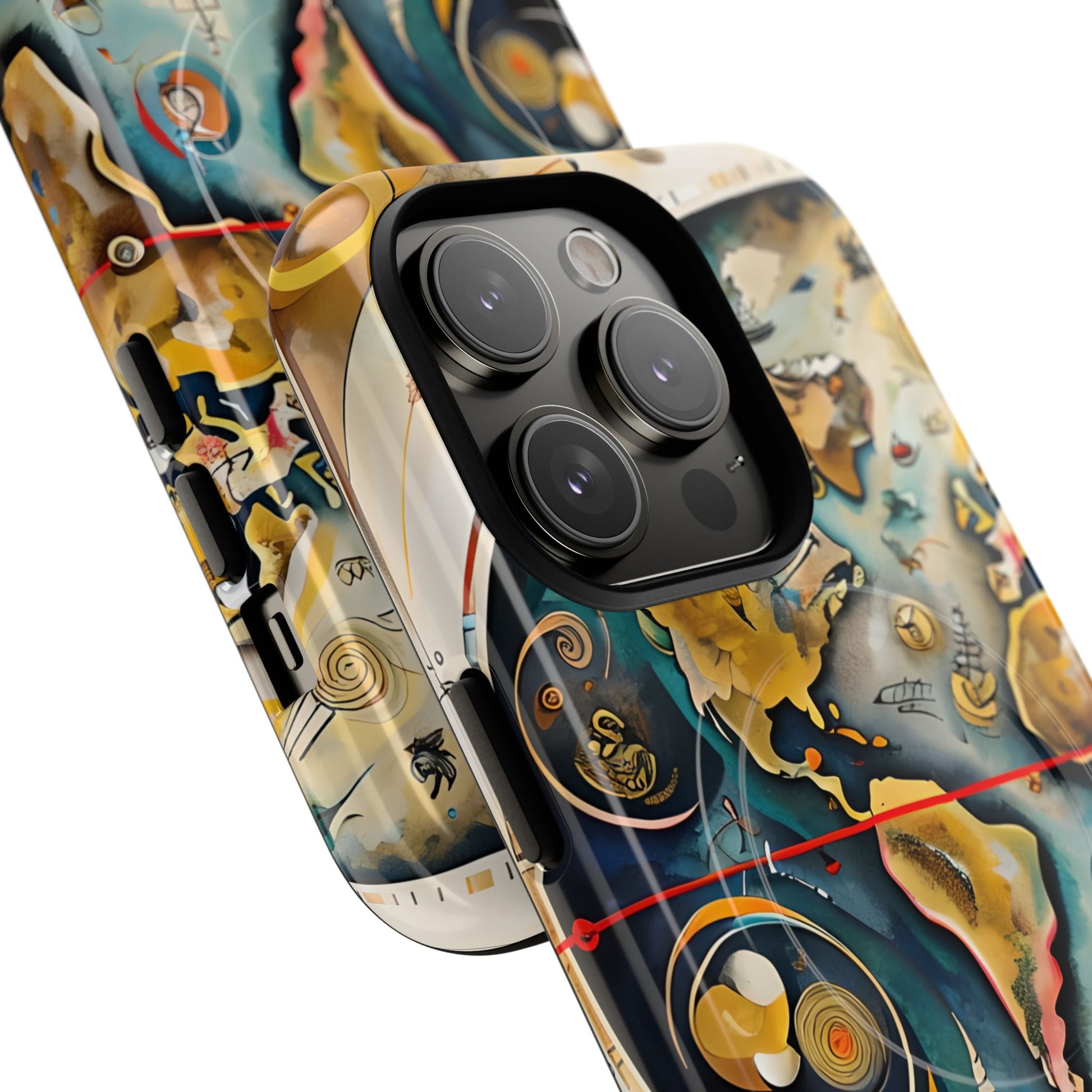 Celestial Map iPhone 14 Pro MagSafe Phone Case -Vintage Nautical World Map, Artistic Blue & Gold