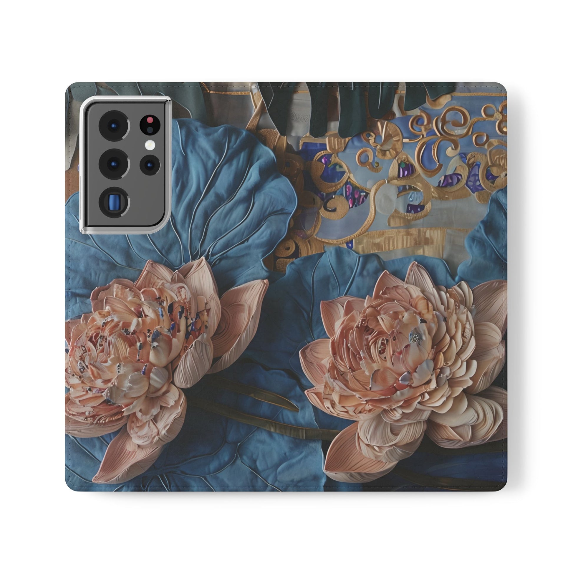 Peony Midnight Tapestry Wallet Phone Case - Flip Cover for Samsung Galaxy S21 Ultra - Floral and Tapestry Design