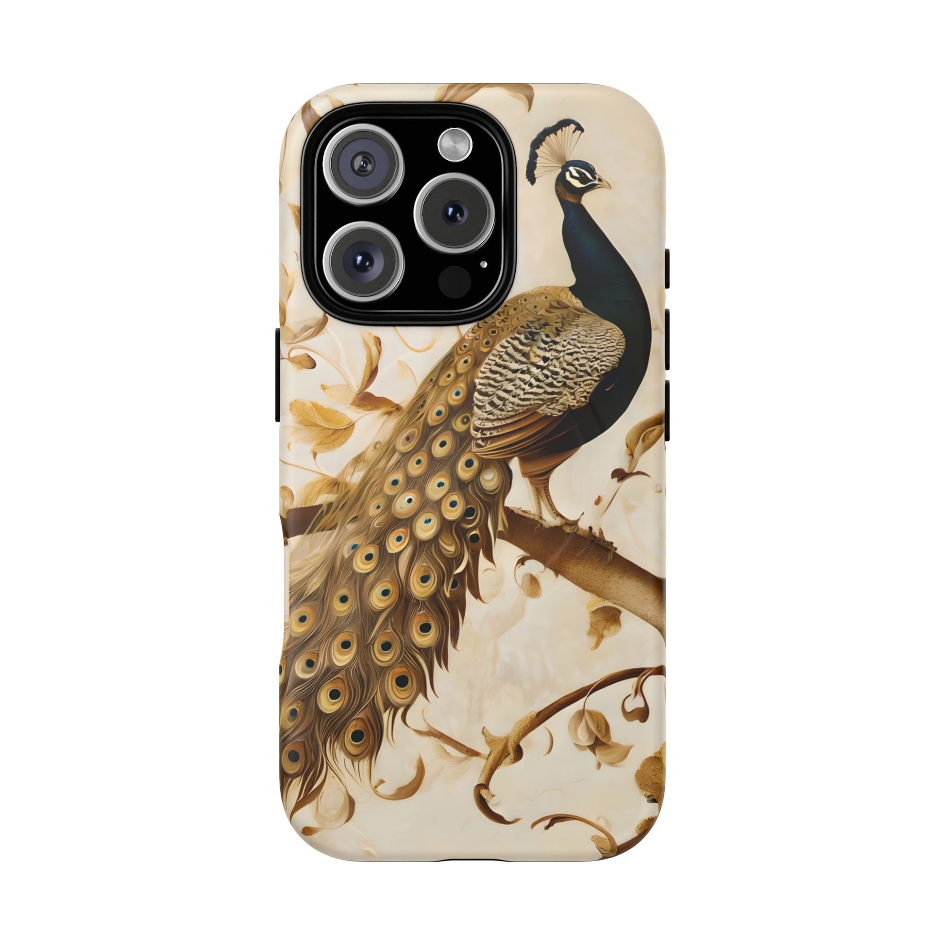 Golden Plumage - Luxe Peacock Art iPhone 16 Pro Phone Case - MagSafe Compatible - Elegant Gold & Cream Design