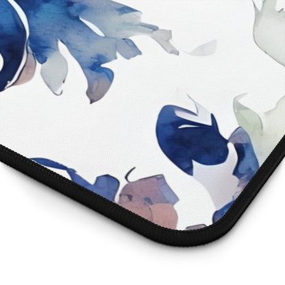 Close-up of Delft Reverie desk mat showing detailed Delft-style floral pattern