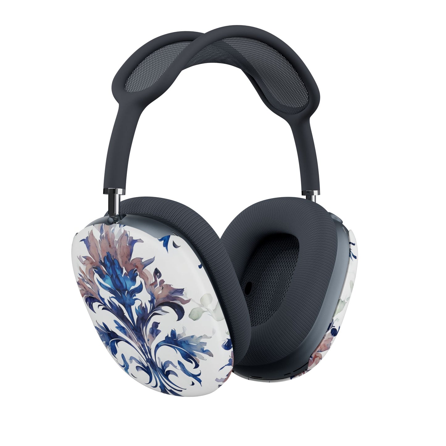 Delft Reverie AirPods Max cover set on Apple headphones, elegant white and blue delft floral design for Apple AirPods Max, angled side view