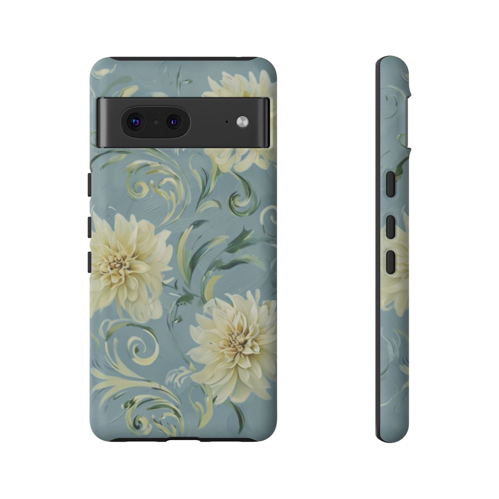 Golden Dahlia Trio - Elegant Floral Google Pixel 7 Tough Phone Case - Artistic White & Blue Dahlia Design