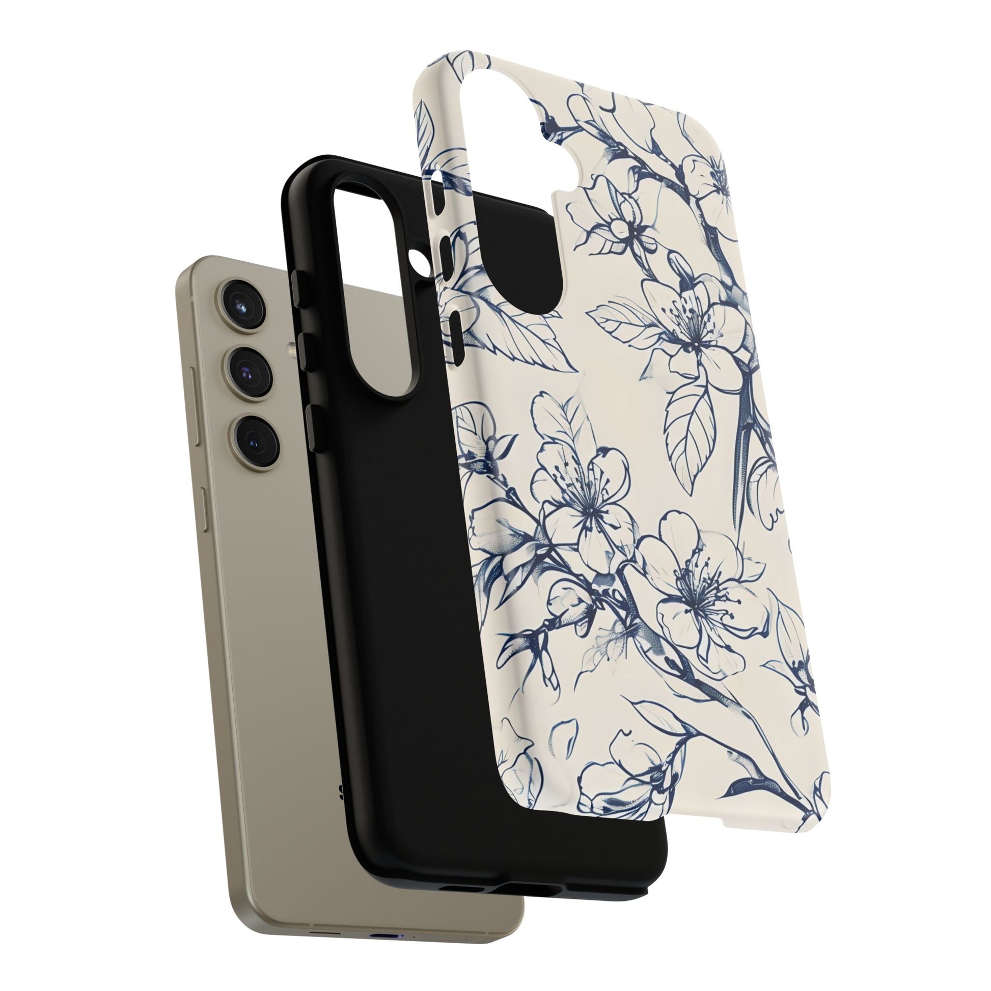 Blossom Sketch - Artistic Blue Floral Samsung Galaxy S24 Plus Tough Phone Case - Hand-Drawn Botanical Design
