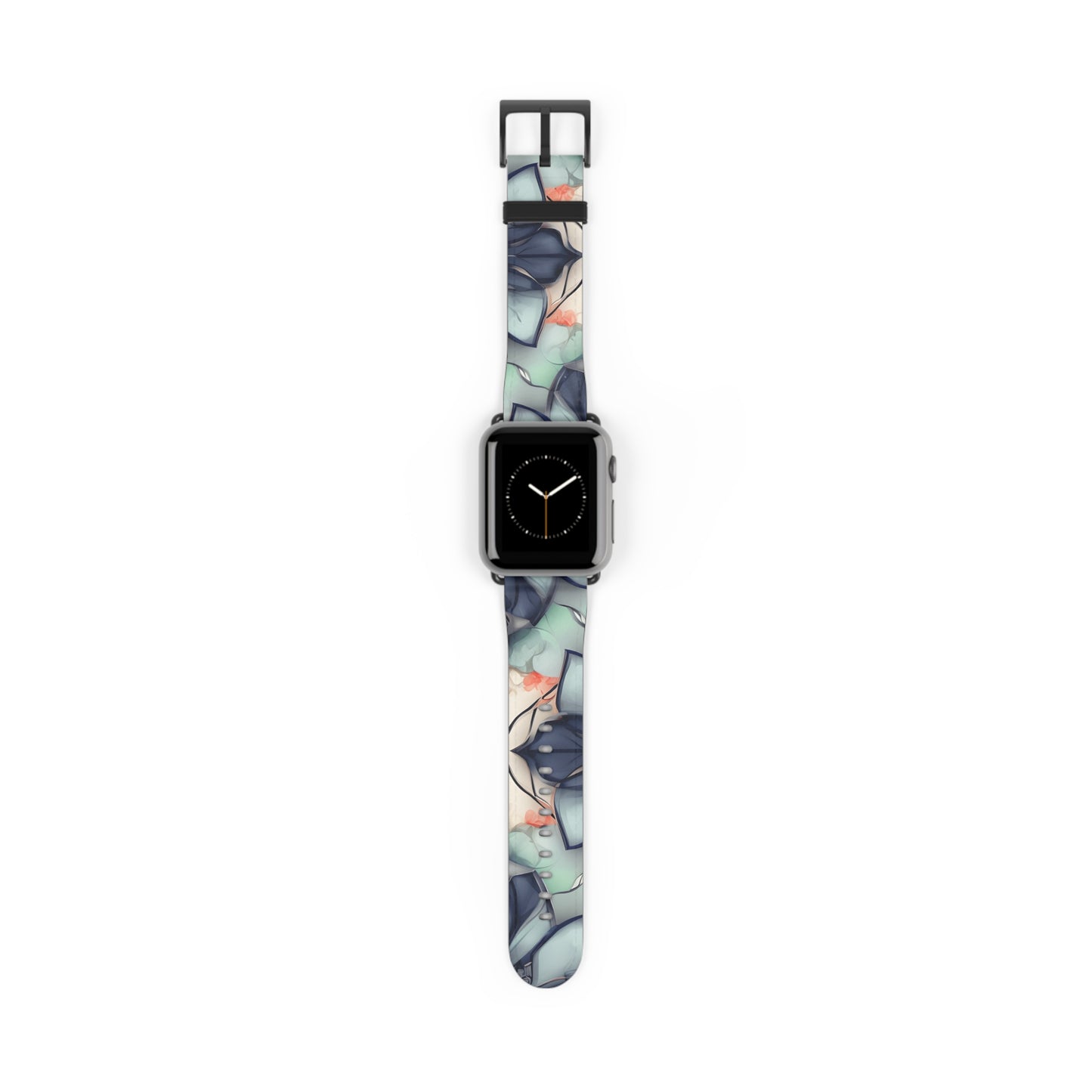Midnight Mosaic Apple Watch band with watch face featuring abstract mosaic pattern in cool blue and midnight tones