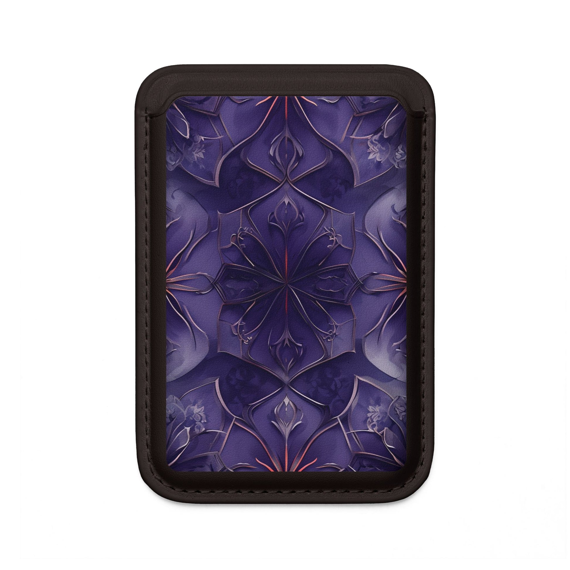 Violet Nebula MagSafe card holder with purple nebula-inspired geometric pattern on black magnetic wallet.